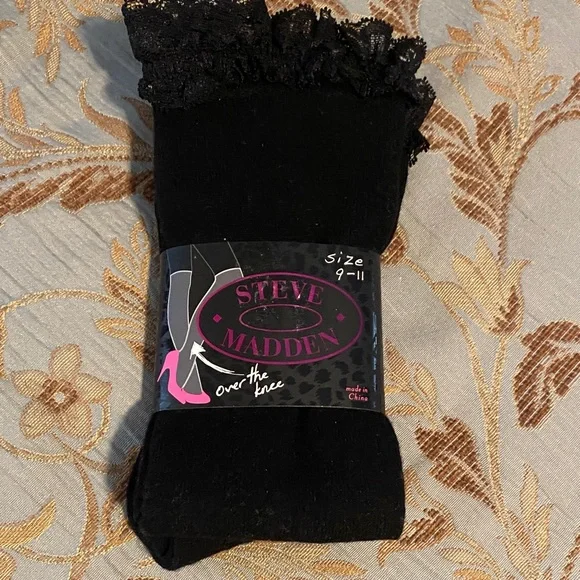 ♣️NWT Steve Madden Black Lace Trim Over the Knee Socks: 9-11 - Picture 2 of 6